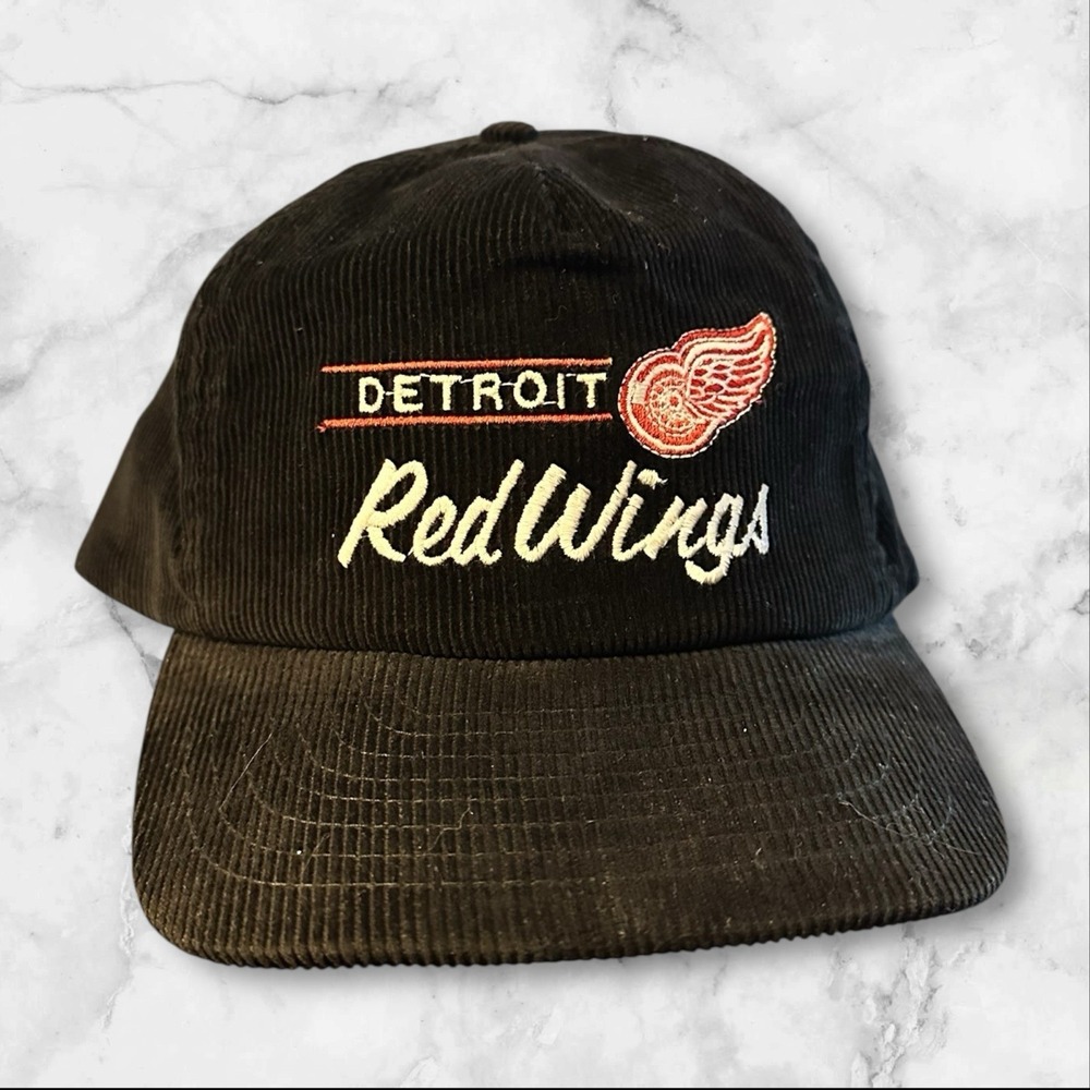 Vintage NHL Detroit Red Wings Corduroy Snapback Cap Hat 80s‎ Annco Black Rare